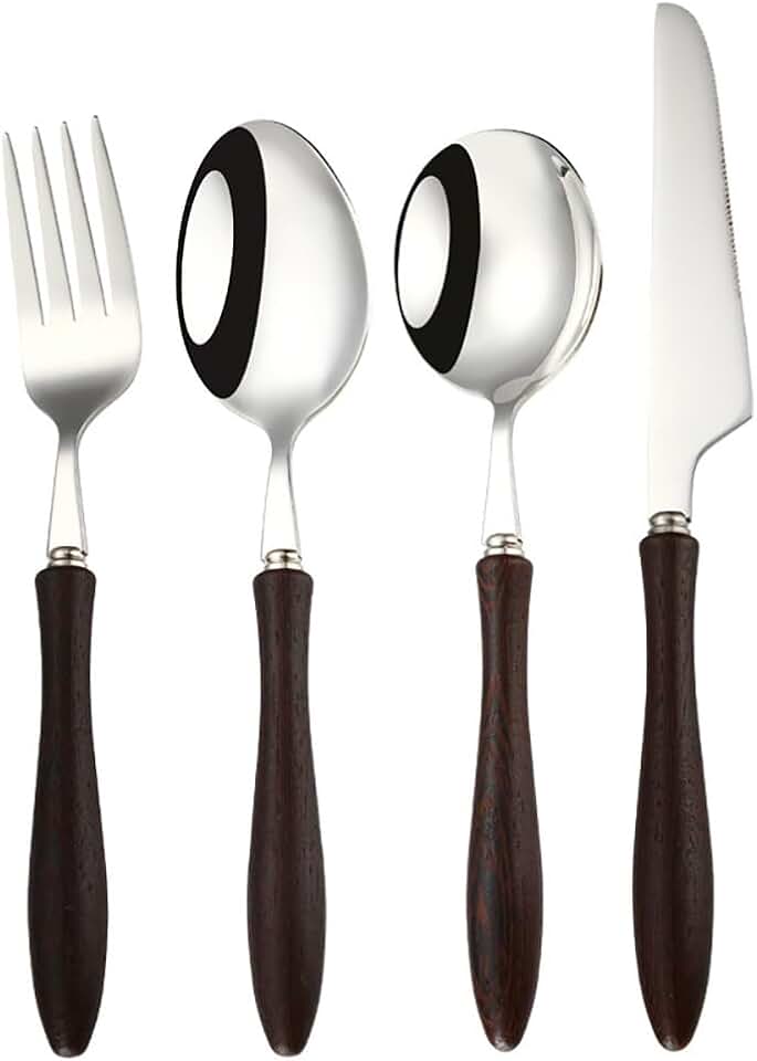 Spoons Forks Set With Wood Handle 40 Pieces Flatware 18/8 (304) Stainless Steel Cutlery Dinner Knifes Set for Restaurant Hotel Family Gatherings & Daily Wooden Silverware Set for 10