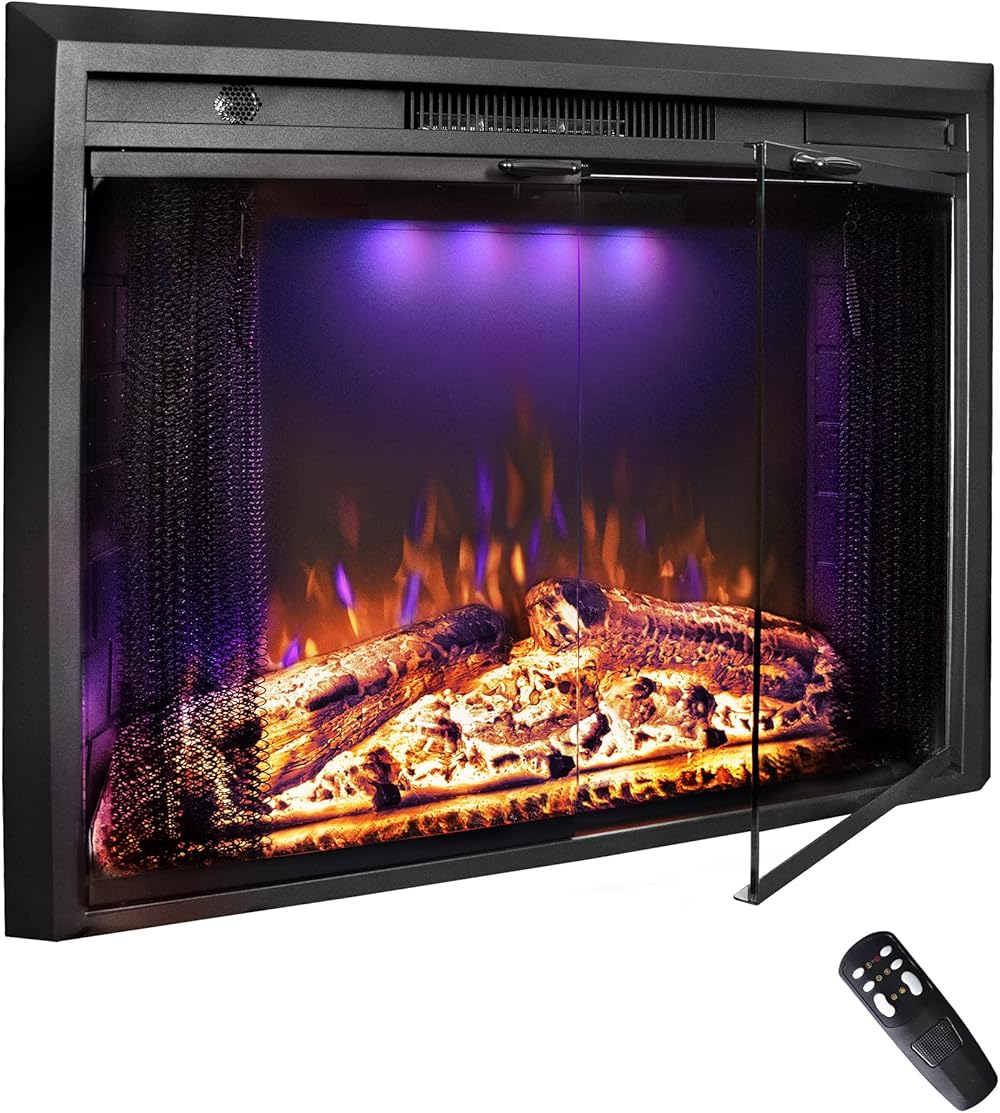 30 Inches Electric Fireplace Insert, 750W/1500W Fireplace Heater with Adjustable Flame and Top Light Colors, Fire Crackling Sound, Remote Control, Timer, Glass Door & Mesh Screen, Black