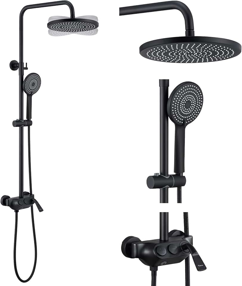 Exposed Pipe Shower System with Tub Spout, 3 Functions Matte Black Shower System with Brass Valve, 3-in-1 Handheld Spray Outdoor Shower Faucet Set, Shower Height Adjustable