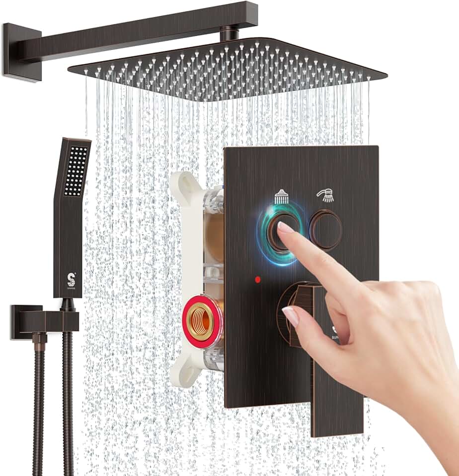 SR SUN RISE Shower System with Push Button Diverter Bathroom Luxury 12 Inch Rain Shower Head with Handheld Spray, High Pressure Shower Faucet Combo Set with Rough-in Valve & Trims, Oil Rubbed Bronze