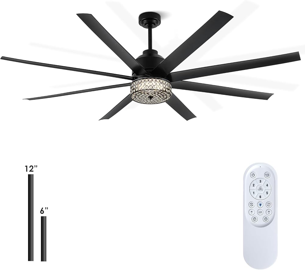 72 Inch Industrial Ceiling Fans with Lights, Large Black Ceiling Fan with Adjustable Light and Speed, Crystal Outdoor Ceiling Fan for Patios Shop Living Room Commercial Room