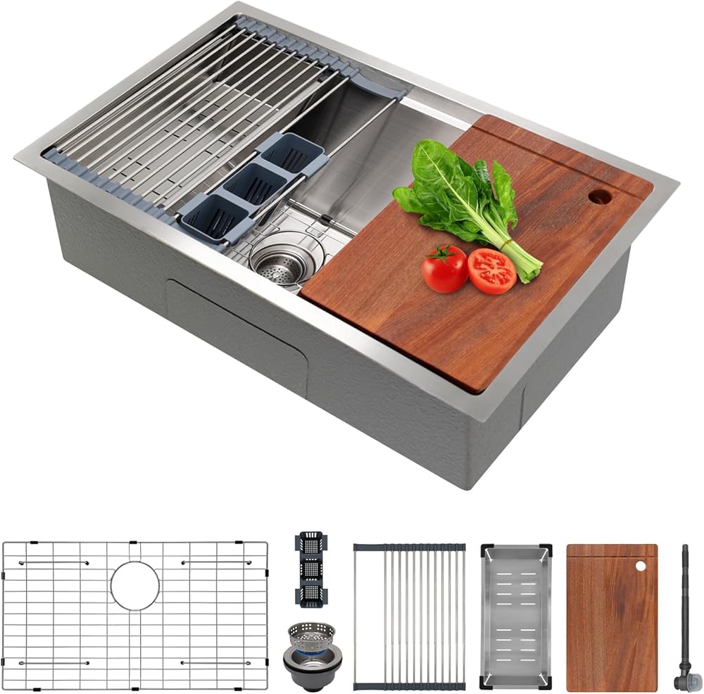 30 Inch Undermount Kitchen Sink Superior Drain Kitchen Sinks 11 Gauge (3mm) Stainless Steel Sink Single Bowl Integrated Ledge Multifunctional Workstation Sink Set - 30