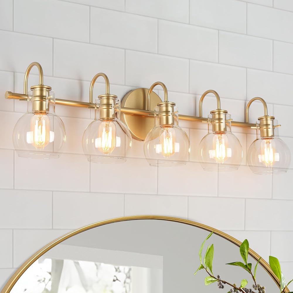 Bathroom Wall Light Fixtures, Large 5-Light Gold Vanity Light with Clear Glass Shade, Modern Wall Lamp Over Mirror for Hallway, Kitchen, Bedroom and Living Room