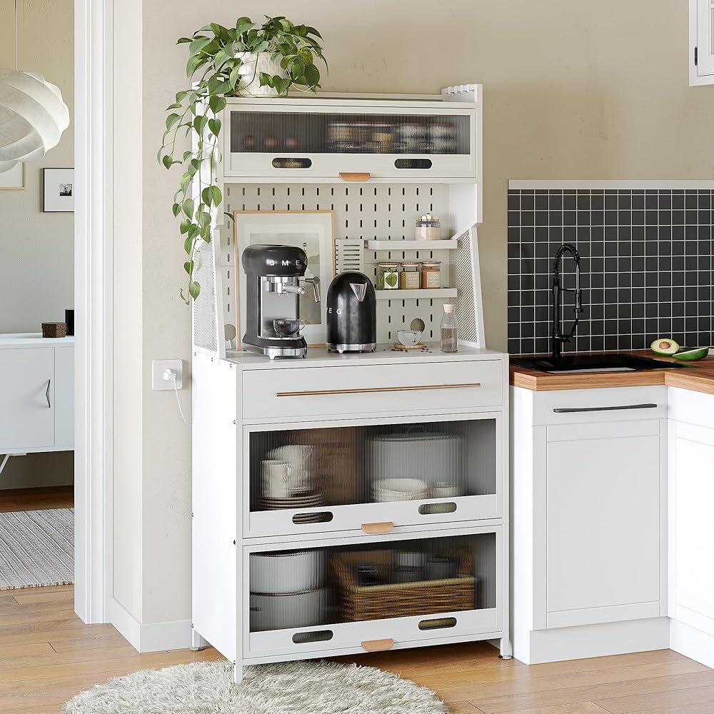 NETEL Kitchen Bakers Rack, Microwaves Rack Storage Rack, Kitchen Microwave Stand with 4 Hooks,Kitchen Storage Shelf Rack for Spices, Pots and Pans, with of Brakeable Casters - White