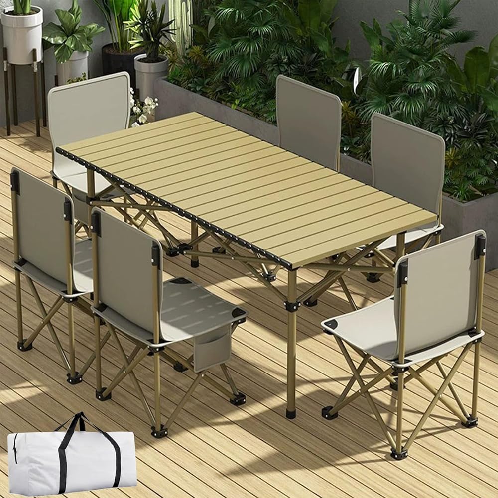 Multi Piece Set of Outdoor,Terrace Folding Dining Tables and Multiple Folding Chairs, Suitable for Courtyards, Gardens, Porch, and Poolsides (Wood Color 6 Chairs+1 Table)