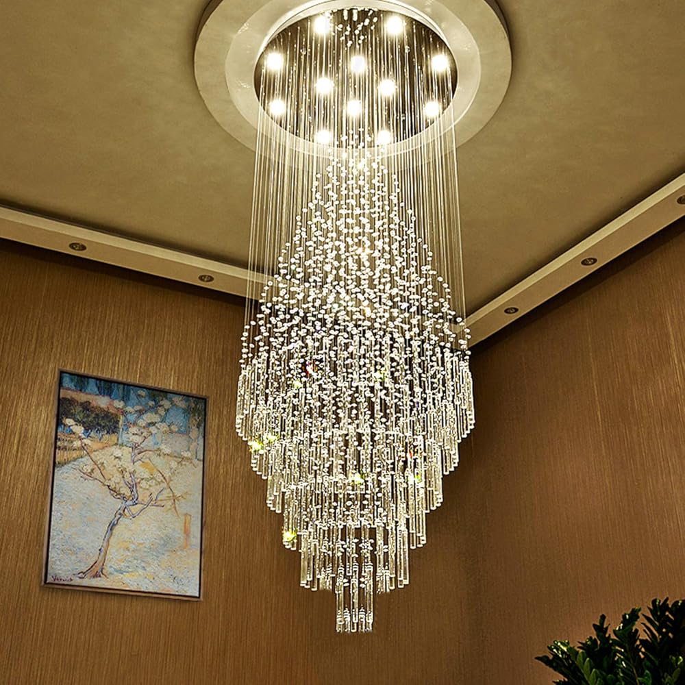 Luxury Large Foyer Chandelier, Modern 12-Lights Round Raindrop Crystal Chandeliers High Ceiling Flush Mount Light Fixtures for Hallway, Entryway, Stairs,Front Entrance D31.5 X H86.7 of CRYSTOP