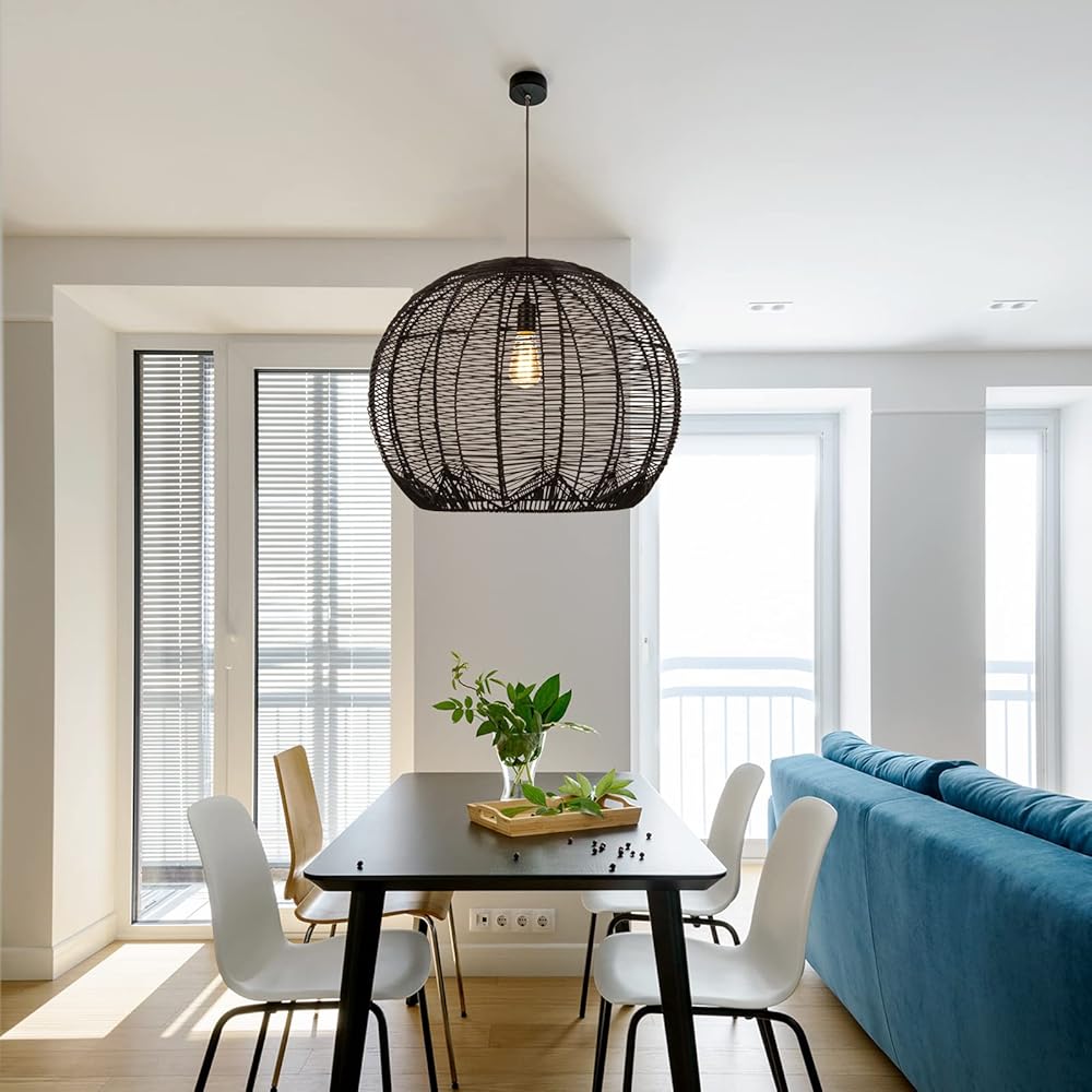 Arturesthome 1 Light Rattan Pendant Lights Black Coastal Rustic Wicker Chandelier Round Handwoven Hanging Light Fixture for Kitchen Living Room Restaurant Shop, 19.68''W x 17.71''H