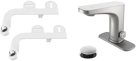 Bathroom Refresh Bundle Includes (1) Bio Bidet by Bemis SlimEdge 2-Pack of Freshwater Attachments, White, Non-Electric & (1) Grove Motion Activated Hands Free Bathroom Faucet in Brushed Nickel Finish