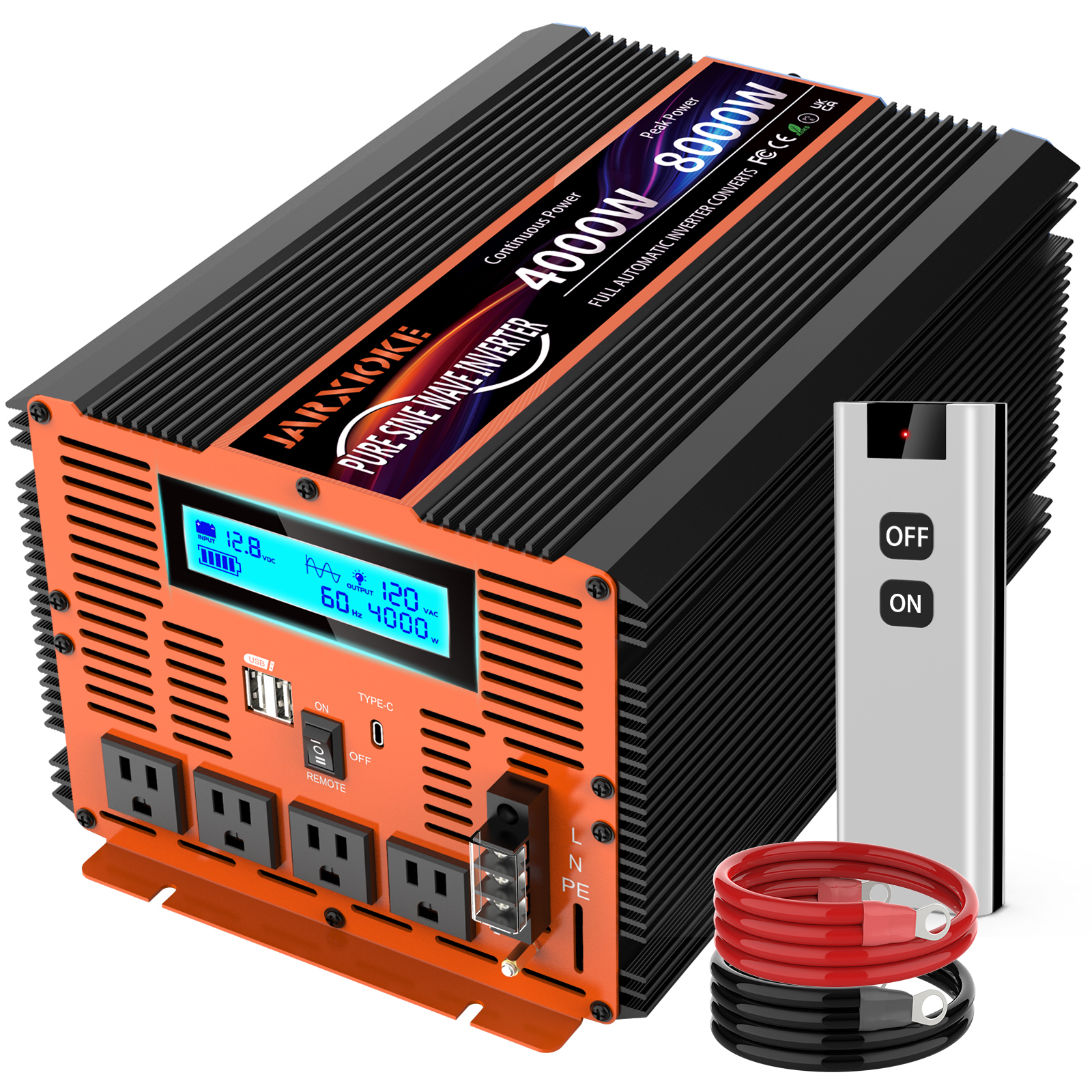4000 Watt Pure Sine Wave Power Inverter 12V DC to 110V 120V Converter for Family RV Off Grid Solar System Car with Type-C Ports 4 AC Power Outlets Dual USB Ports LCD Display Wireless Remote Control