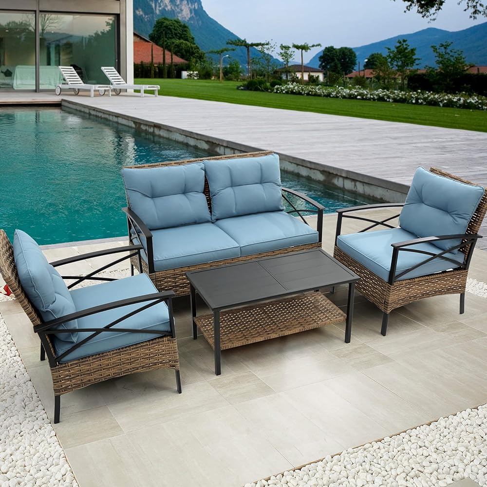 GOWE Patio 4 Piece sectional Low Dining Conversation Sofa Set- KD Rattan Wicker Outdoor Garden Furniture Corner Sofa Set with Cushion.