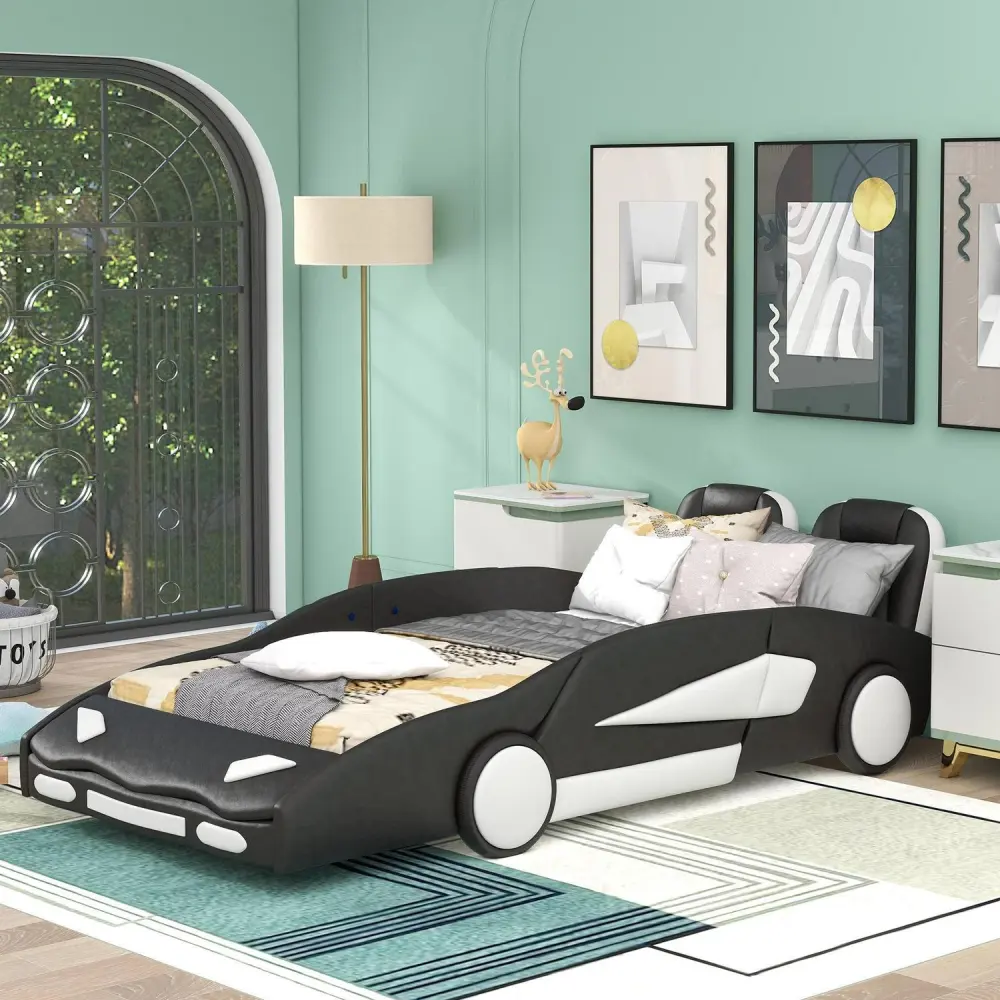 Euroco Modern Wood Race Car-Shaped Twin Platform Bed for Kidsa Bedroom, Upholstery PU Leather Car Bed for Kids Gift, Black