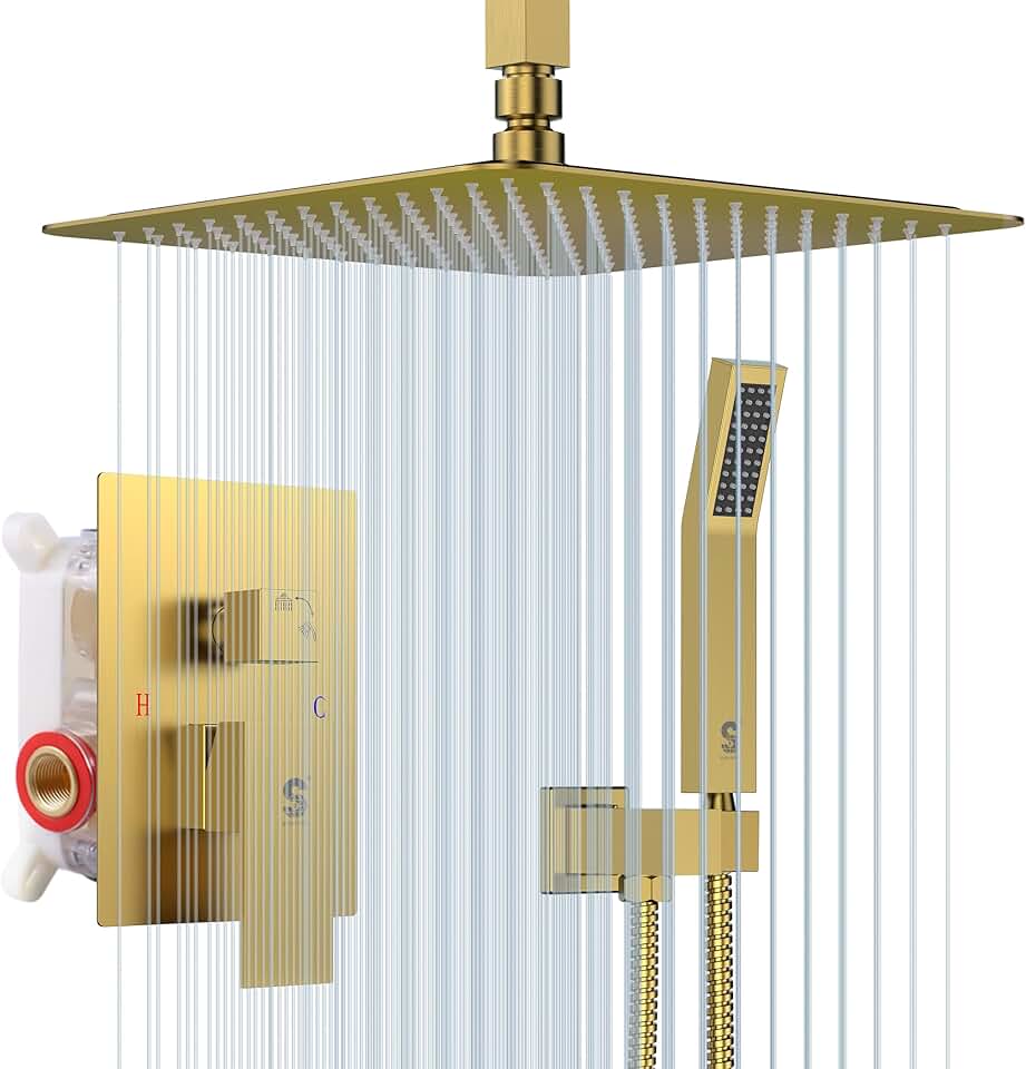 SR SUN RISE 12 Inch Ceiling Mounted Shower System Rain Mixer Shower Combo Set Rainfall Shower Head System Brushed Gold Shower Faucet Trim Repair Kits with Shower Rough-in Valve Body and Trim
