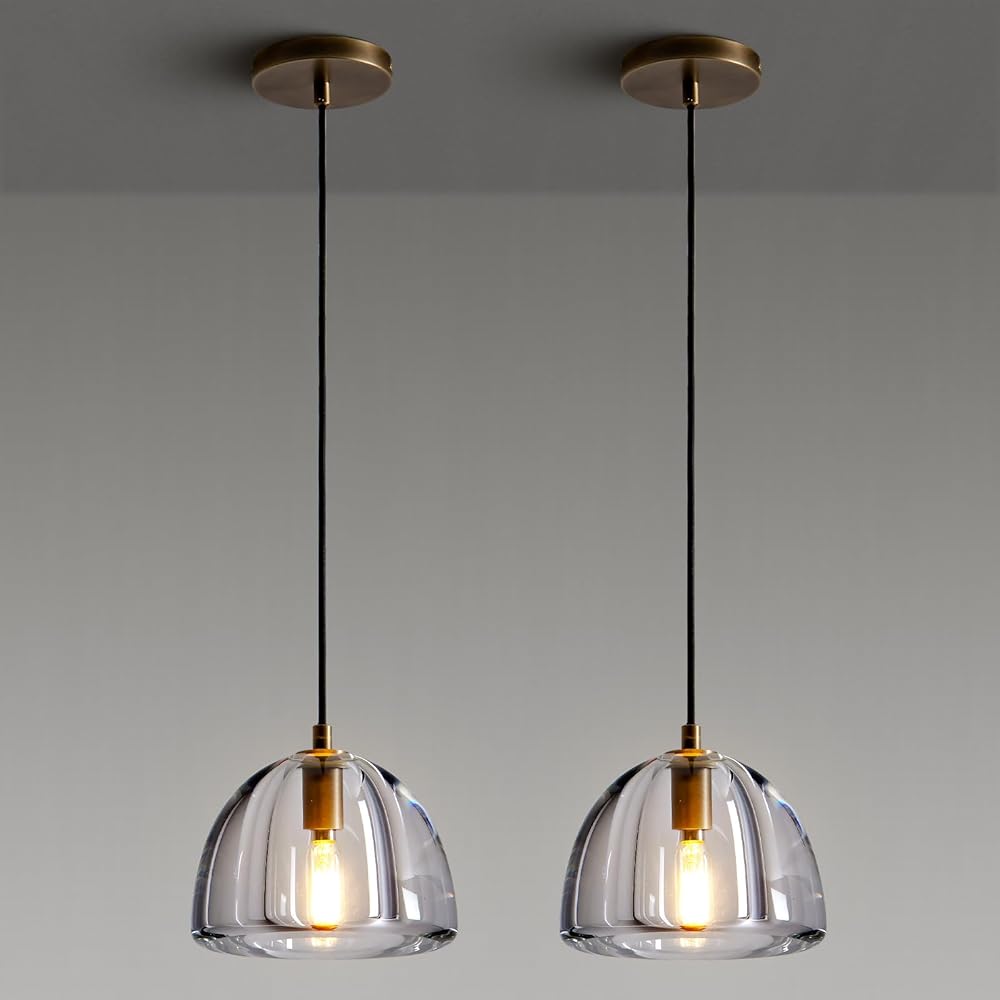Brass Crystal Hemisphere Pendant Light, Kitchen Pendant Lighting Over Island, Farmhouse Pendant Light for Indoor Kitchen Island Dining Room Living Room Bedroom Bathroom, E12 Bulb Included 2PCS