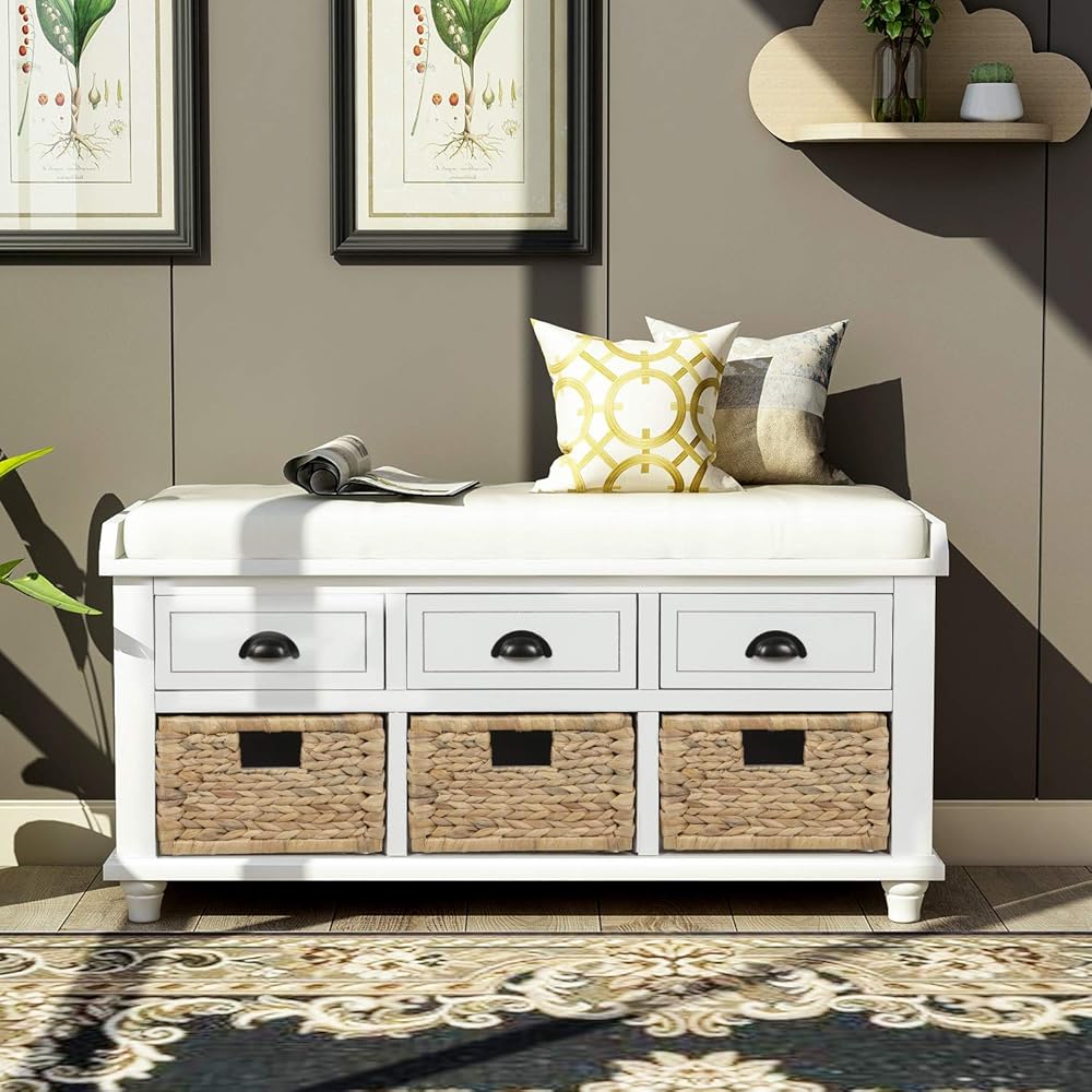 Rustic Entryway Storage Benches with 3 Drawers, Padded Seat Cushion for Bedroom Living Room, White, 3 Rattan Baskets