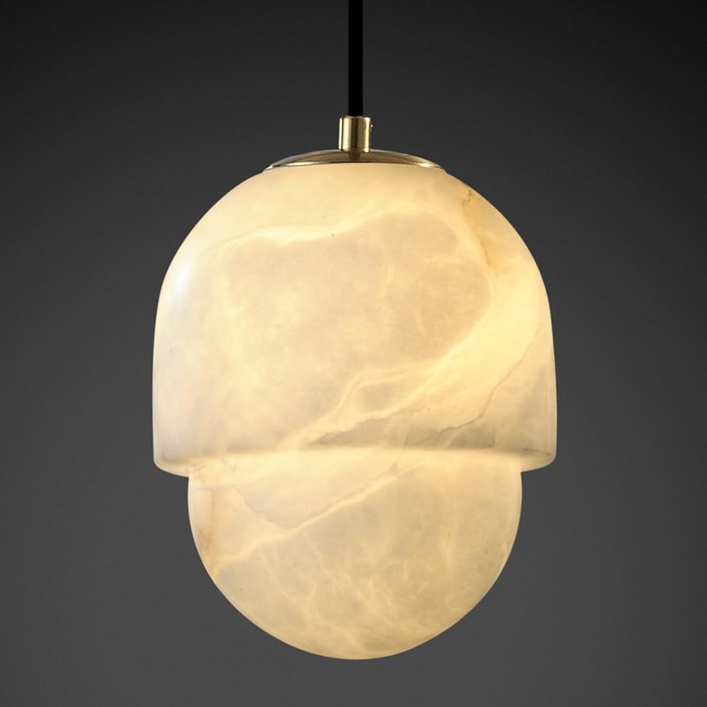 Natural Alabaster Pendant Lights Kitchen Island, Marble Layered Splicing Unique Shade D-5.9in Brass Canopy, Adjustable Height Light Fixture for Bedroom Bathroom Dining Room (Dimmable Bulbs Included)