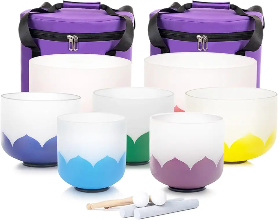 432HZ 7-12 Inch Set of 7 Lotus Flower Petals Frosted Chakra Quartz Crystal Sound Singing Bowls Healing Meditation Yogo and 2 Travel Carry Cases Bags 2 Mallets Suede 2 Strikers 7 O-rings