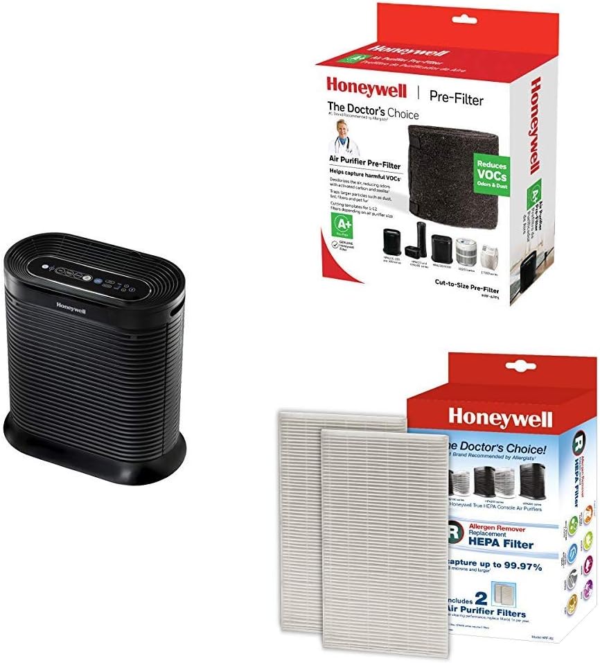 Honeywell Blue Tooth Air Purifier, HPA-250B, HPA250B, Black with Bluetooth with Household Odor & Gas Reducing Universal Pre-Filter, HRF-APP1, Black and AllergnRemv Filter, White