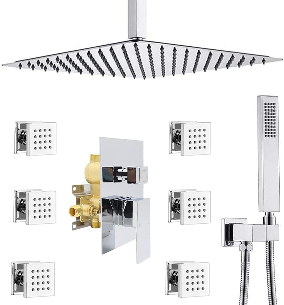 Shower System, Polished Chrome Ceiling Mounted Rain Shower System, Contains with 16 Inch Square Overhead Shower Head and Handheld Shower, Shower Body Jets, 3 Functions Pressure Balance Valve set.