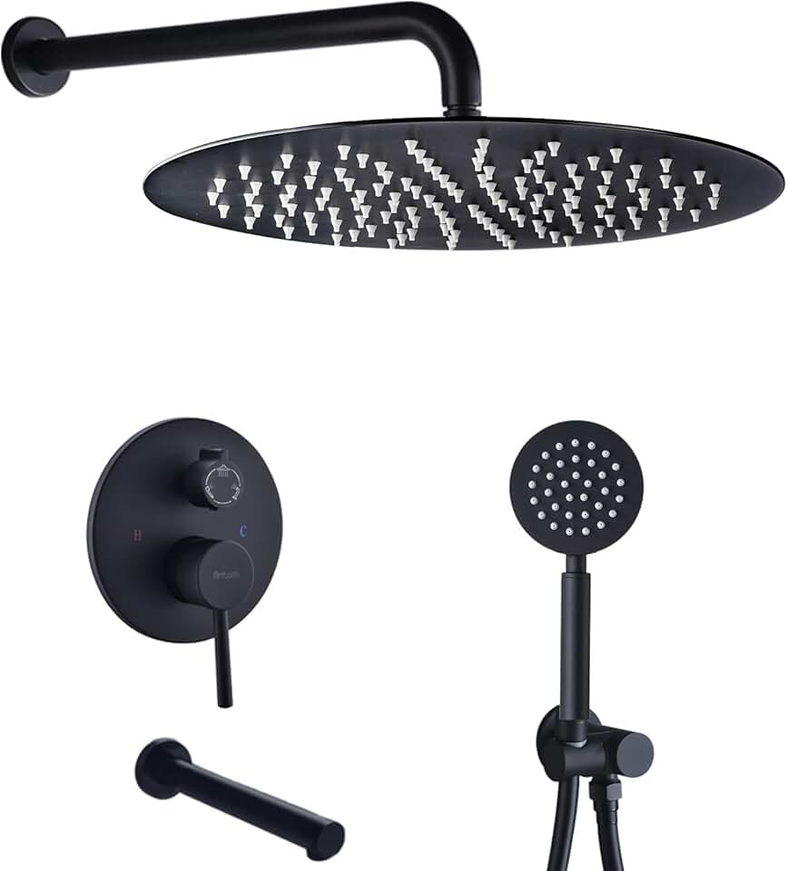 Bathtub Shower System with Tub Spout, Black Shower Tub Faucet Set with 12 Inch Rain Shower Head and Handheld Spary, Wall Mount 3 Function Tub and Shower Trim Kit with Rough-in Valve