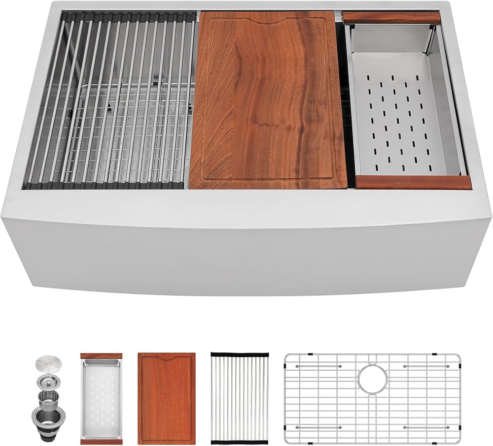 33 Inch x 22 Inch Farmhouse Apron Front Kitchen Workstation Sink Farm 16 Guage 304 Stainless Steel Single Bowl Kitchen Sink