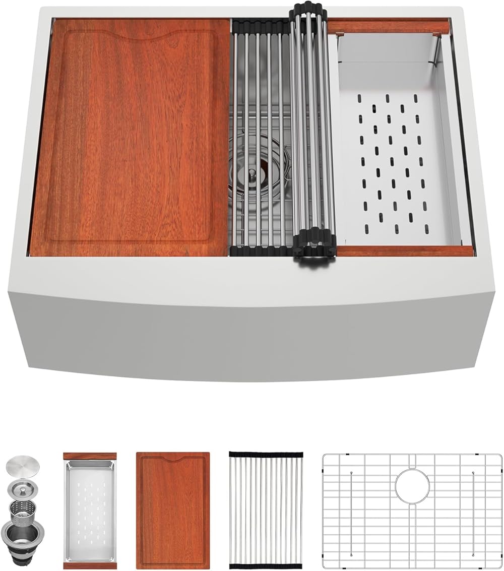 27 Inch Farmhouse Sink Workstation 16 Gauge Stainless Steel Sink Kitchen Sink Apron Front Workstation Single Bowl Farmhouse Kitchen Sink