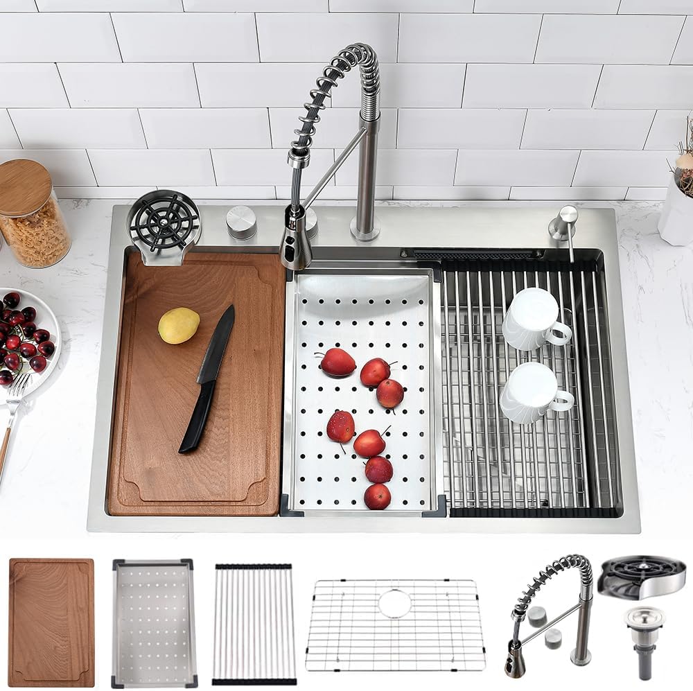 32 Inch Waterfall Drop In Kitchen Sink with Faucet Combo, 32x20 Drop In Waterfall Kitchen Sink Workstation 16 Gauge Stainless Steel Multifunction Single Bowl Kitchen Sink