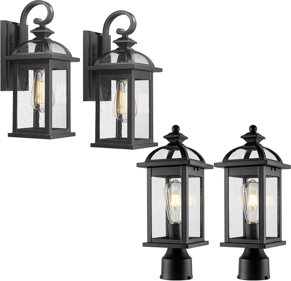 2pcs Outdoor Wall Lights + 16inch Post Lights Black Outdoor Lighting for Patio, Garden, Pathway (1 Set)