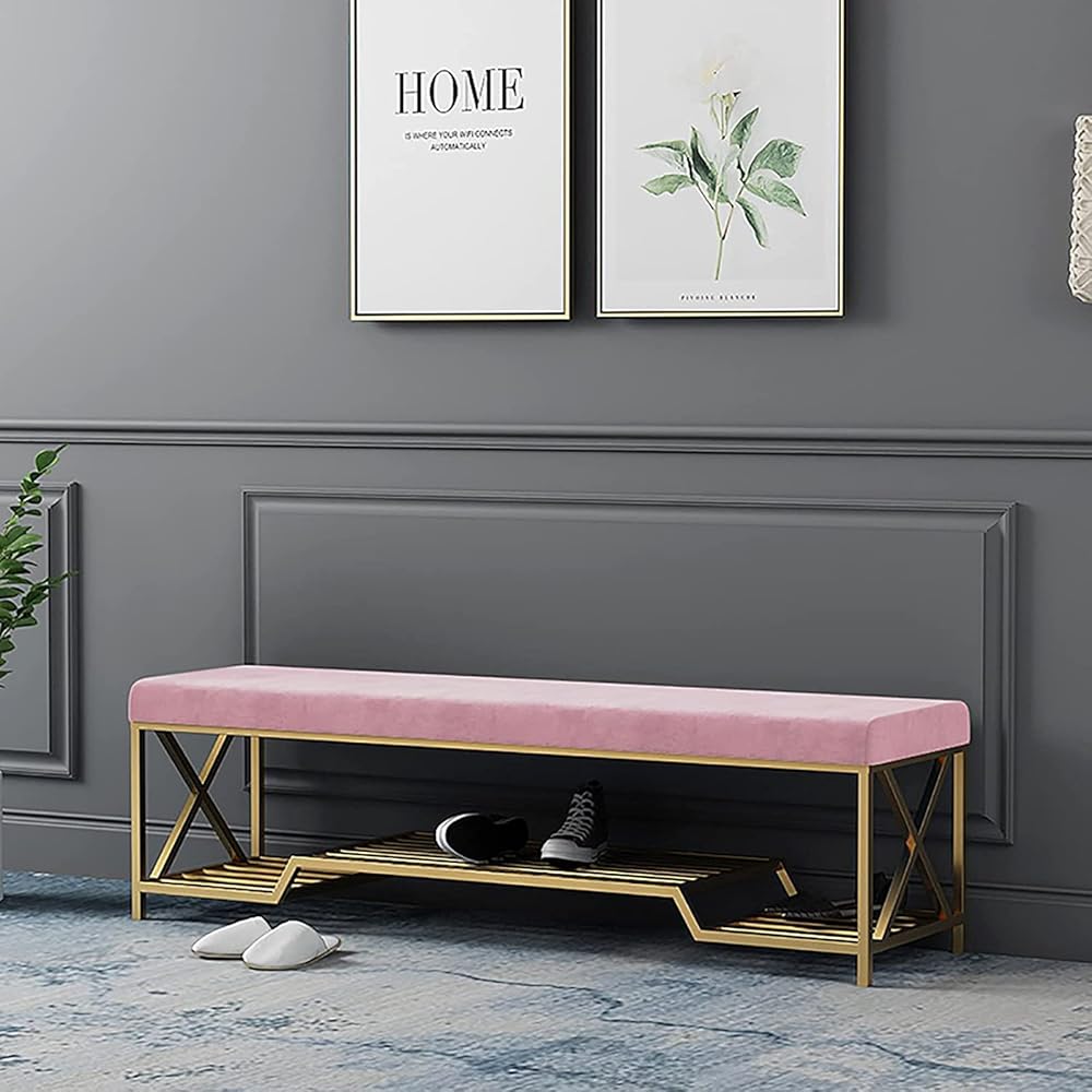 Shoe Storage Bench Entryway Hallway Furniture, Metal Shoe Bench Nordic Shoe Stool with Soft Cushion Stable Metal Frame Modern Simplicity, for Hallway Living Room(Pink,80 * 35 * 45 cm)