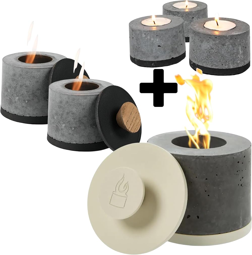 FLIKR Fire Round Personal Fireplace (Almond) + 2X Mini Fireplace + 3X Tealight Bundle – Tabletop Smokeless Fire Pit with Fire Pit Snuffer Lid Safe for Indoor & Outdoor Use, Fueled with Isopropyl