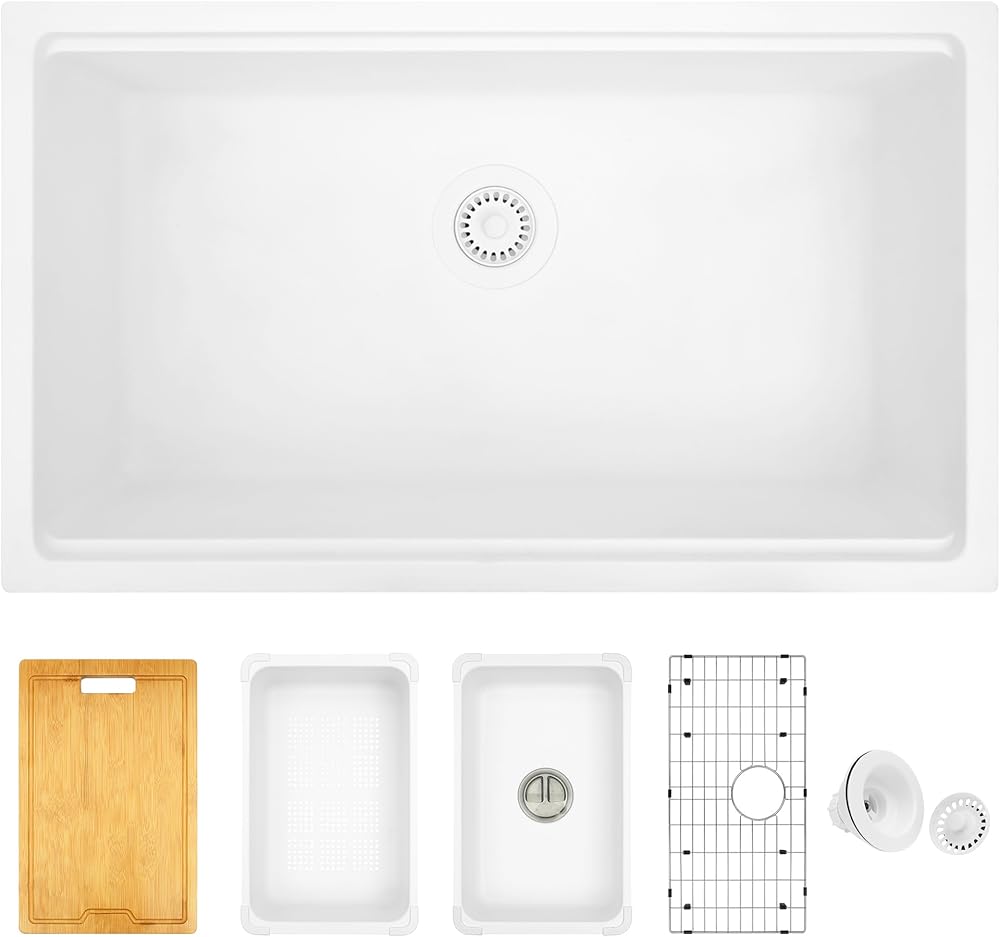 Undermount Kitchen Sink White 30 Inch, Deep Workstation Sink White, Large Single Bowl Kitchen Sink, Workstation Ledge Sink for Kitchen