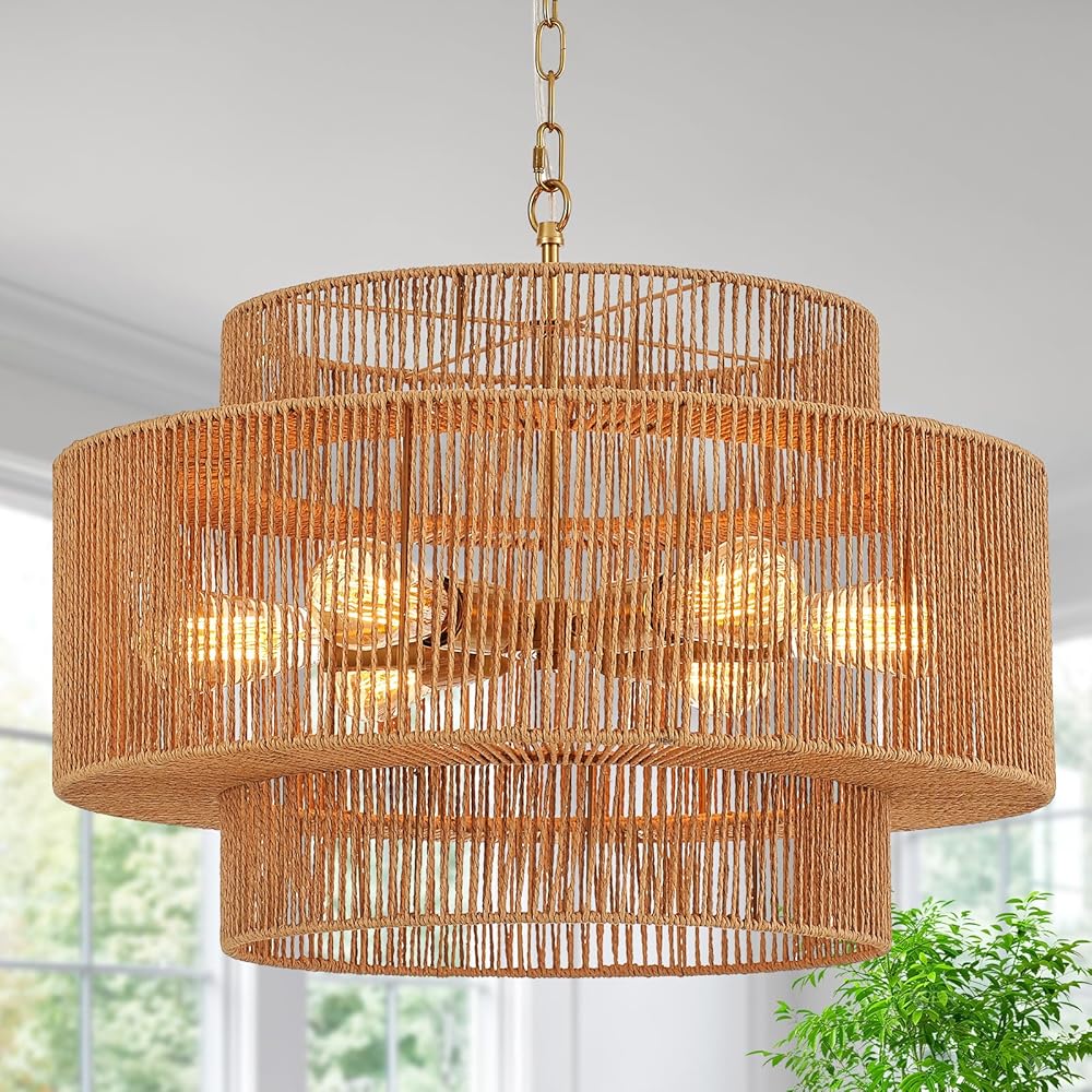 Hand-Woven Rattan Chandelier Vintage Farmhouse 6-Lights Boho Bamboo Chandelier Light Fixture 23.6