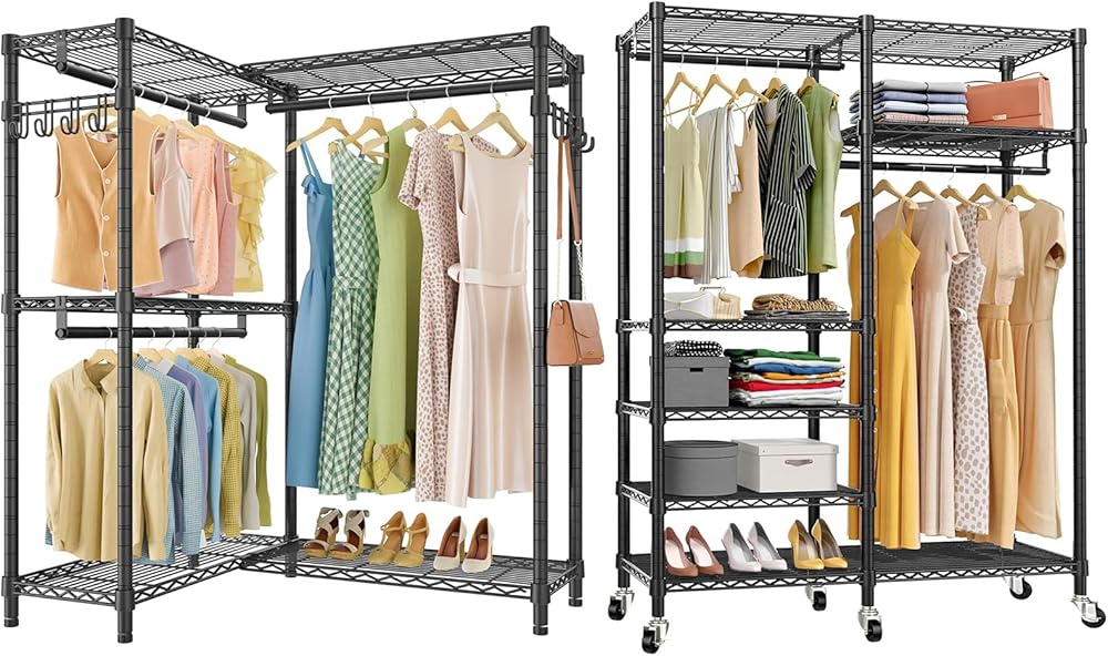 VIPEK L4 & R4 Bundle, Garment Rack Heavy Duty Clothes Rack for Hanging Clothes, Freestanding Portable Wardrobe Closet Clothing Rack with Hanging Rods & Side Hooks, Blac