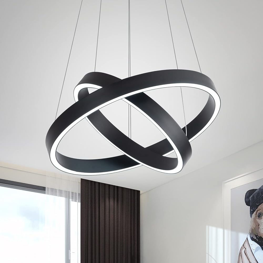 Room Decor Modern LED Pendant Light 2-Ring Circular Contemporary Chandelier Flush Mount Pendant Lighting for Living Dining Room Bedroom, 6000K Cool White, Black