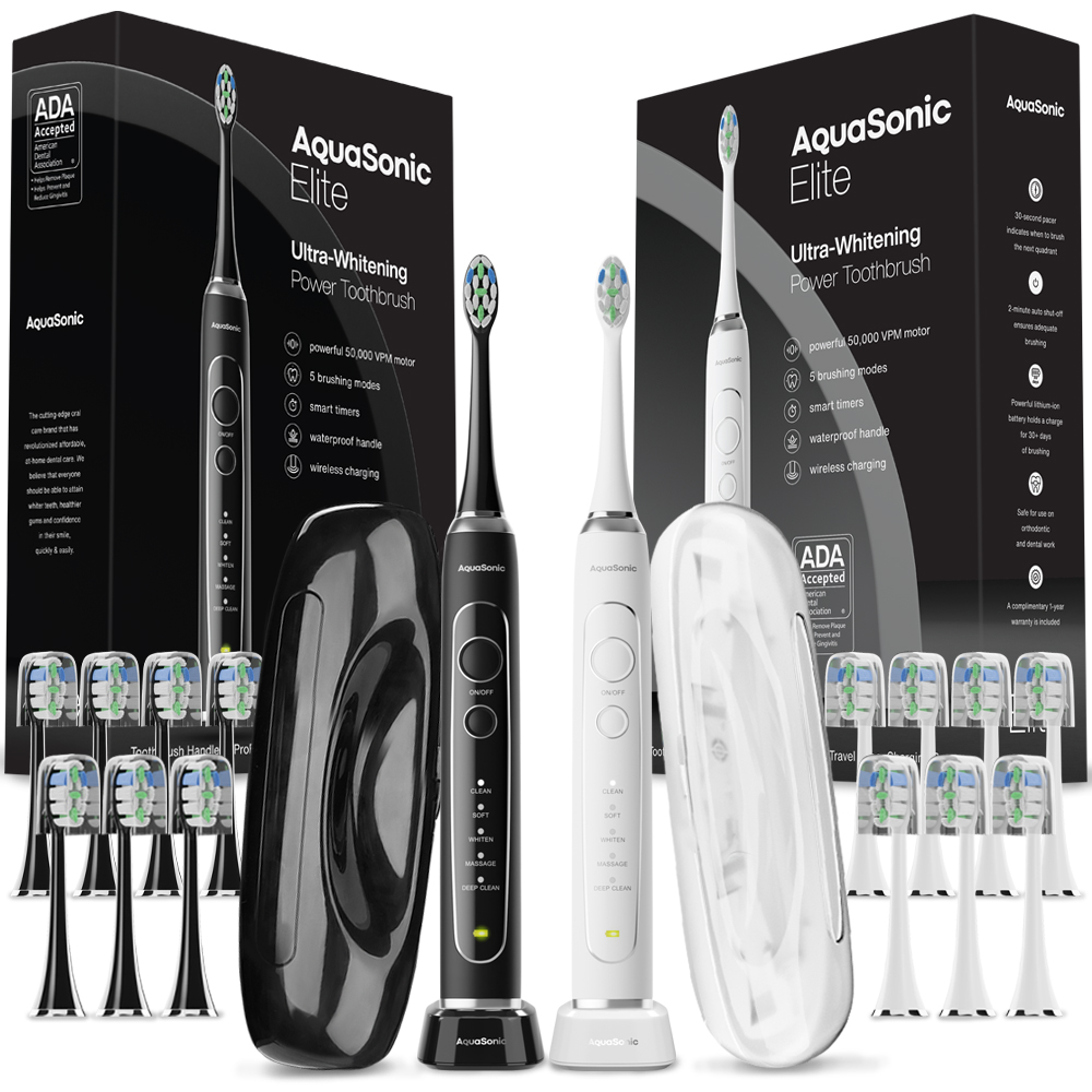 Aquasonic Elite Duo Ultra-Whitening Toothbrush  ADA Accepted Power Toothbrush - 8 Proflex Brush Heads & Travel Case  50,000 VPM Motor & Wireless Charging - 5 Modes w Smart Timer