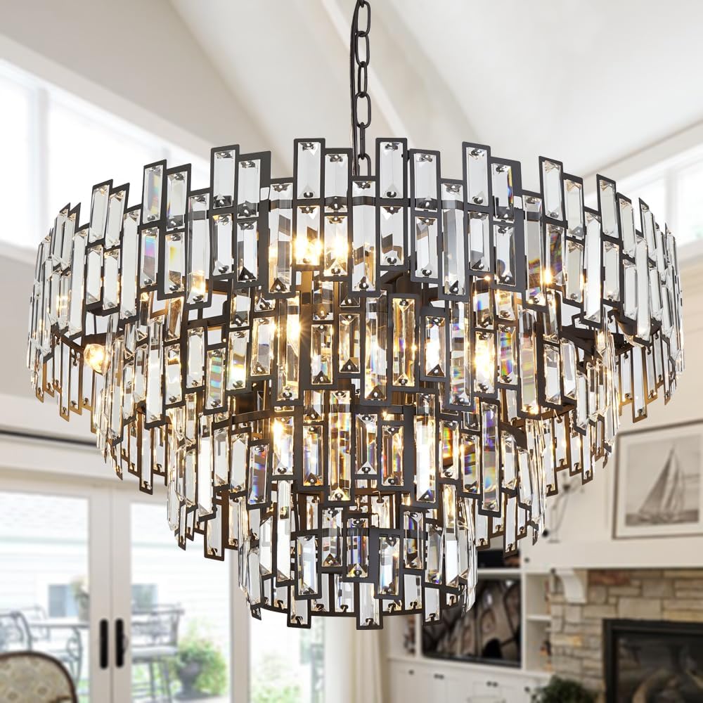Modern Crystal Chandelier Lighting Hall Grand Living Room Stairway Chandeliers Pendant Light Fixture for High Ceiling Hanging Round Large Black & Bronze