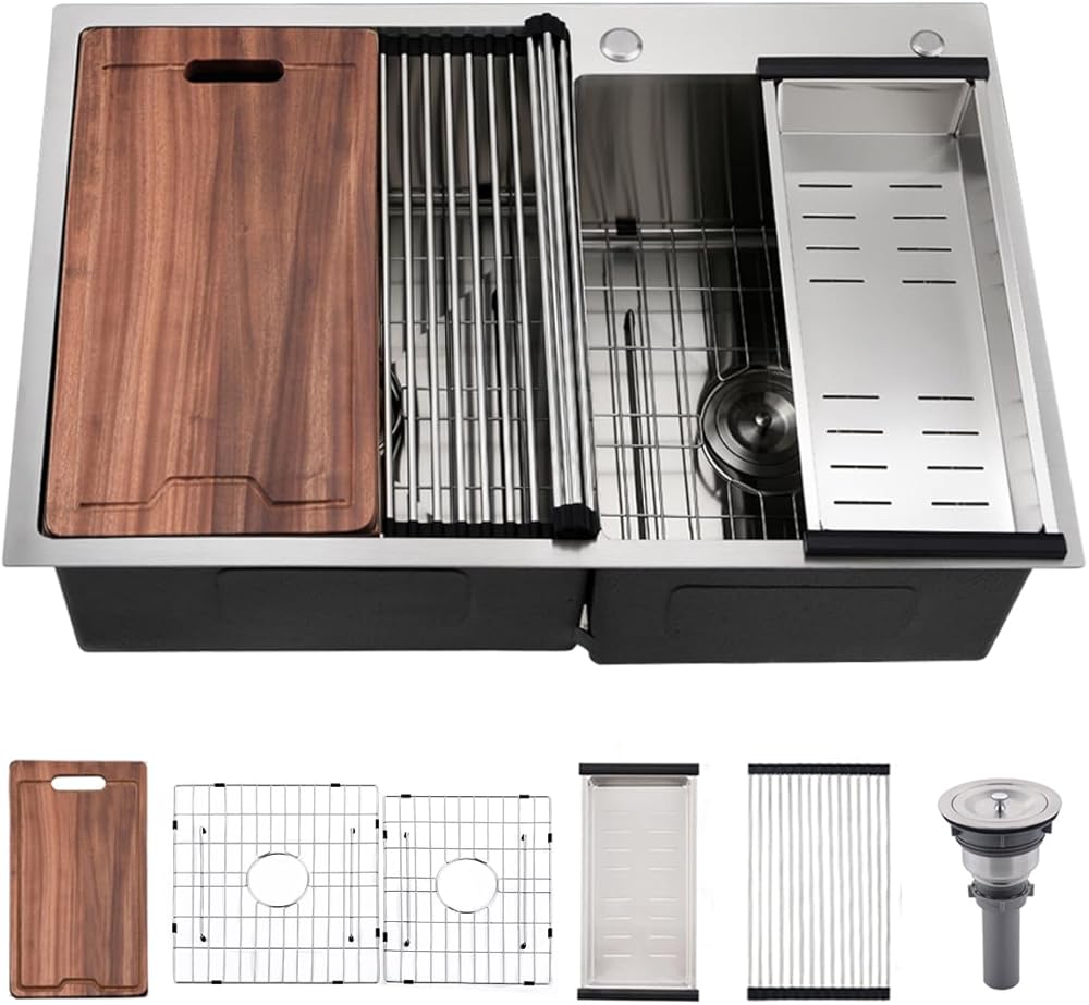 33 Inch Drop In Kitchen Sink Double Bowl Workstation - VOKIM 33 x 22 Inch Drop In Kitchen Sink 16 Gauge Stainless Steel 10 Inch Deep Double Bowl Sink