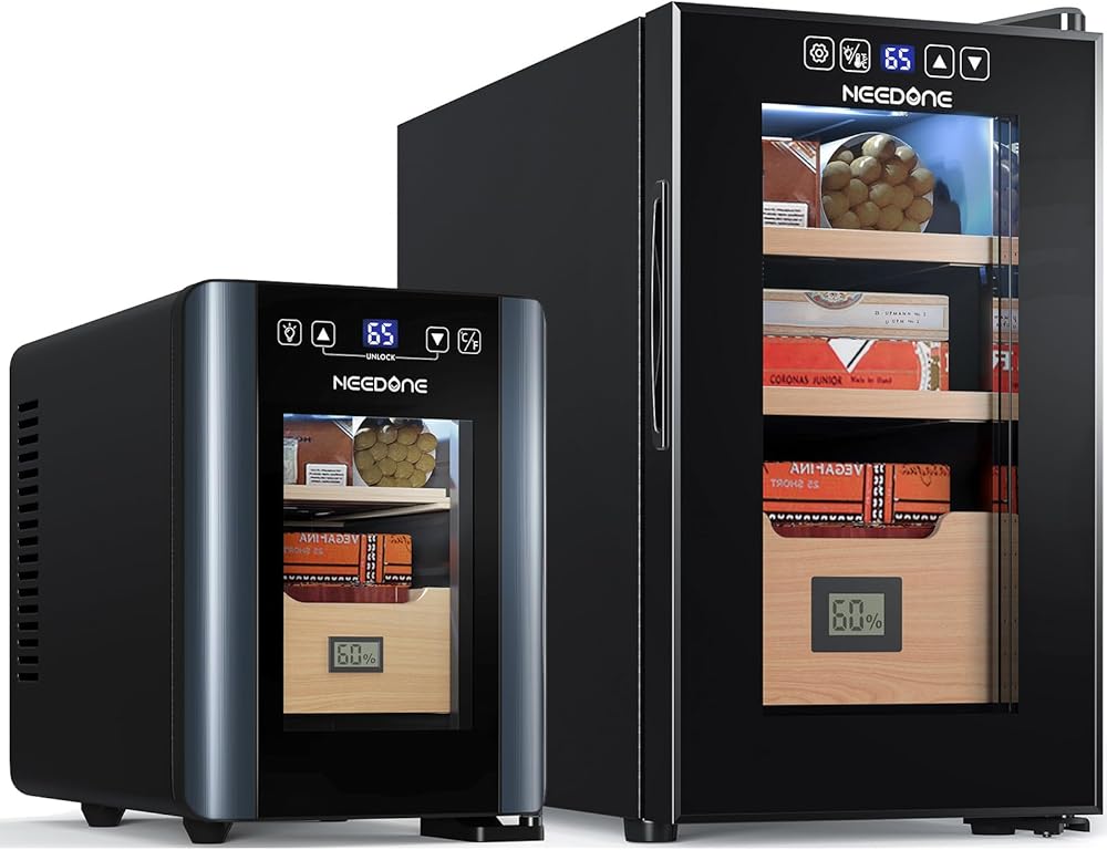 NEEDONE Electric Cigar Humidor 8L&26L with Heating and Cooling Quiet Control System, Thermostatic Cooler Cabinet for 280 Counts with Spanish Cedar Wood Shelves & Drawer with Hygrometer, Gift for Men