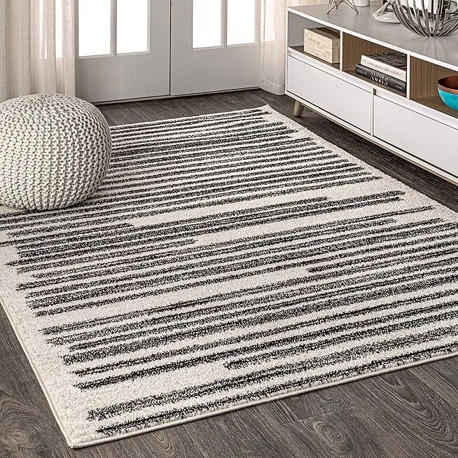 JONATHAN Y MOH207A-13 Khalil Modern Berber Stripe Area Rug, Bohemian, Minimalistic for Bedroom, Kitchen, Living Room, Easy-Cleaning, Cream/Black, 10 ft. x 13 ft.