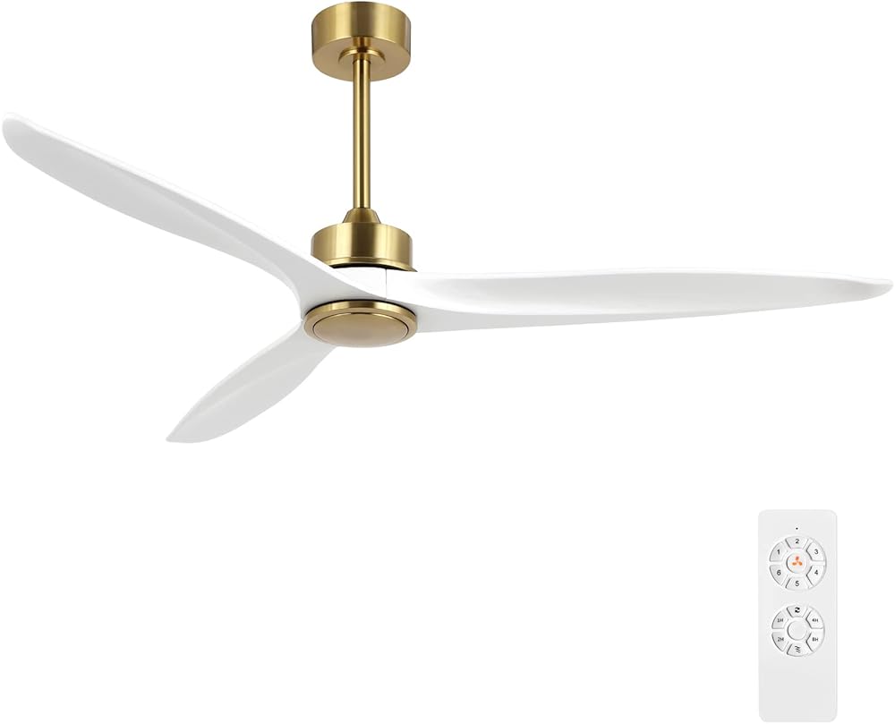 WINGBO 60 Inch DC Ceiling Fan without Lights, 3 Reversible Carved Solid Wood Blades, 6-Speed Noiseless DC Motor, Ceiling Fan No Light with Remote, Brass Finish with White Blades, ETL Listed