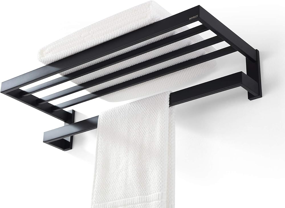 BUVELOT Towel Racks for Bathroom, Square Modern Hotel Style Towel Shelf with Towel Bar, Bath Towel Holder Wall Mounted, 24Inch, Matte Black, No Assembly, 073100-MB Ler Series