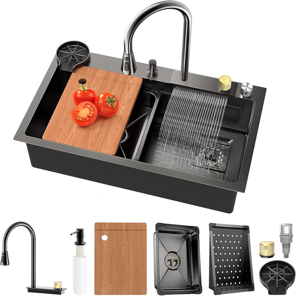 Kitchen Sink - Tiagowell 32 inch Waterfall Kitchen Sink, Drop in Kitchen Sink Single Bowl Stainless Steel Sink with Faucet Combo, Topmount Workstation, Cup Rinser & Sink Accessories for Bar,Resturant