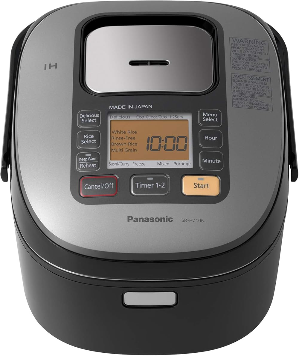 Panasonic 5 Cup (Uncooked) Japanese Rice Cooker with Induction Heating System and Pre-Programmed Cooking Options for Brown Rice, White Rice, and Porridge or Soup - 1.0 Liter - SR-HZ106 (Black)