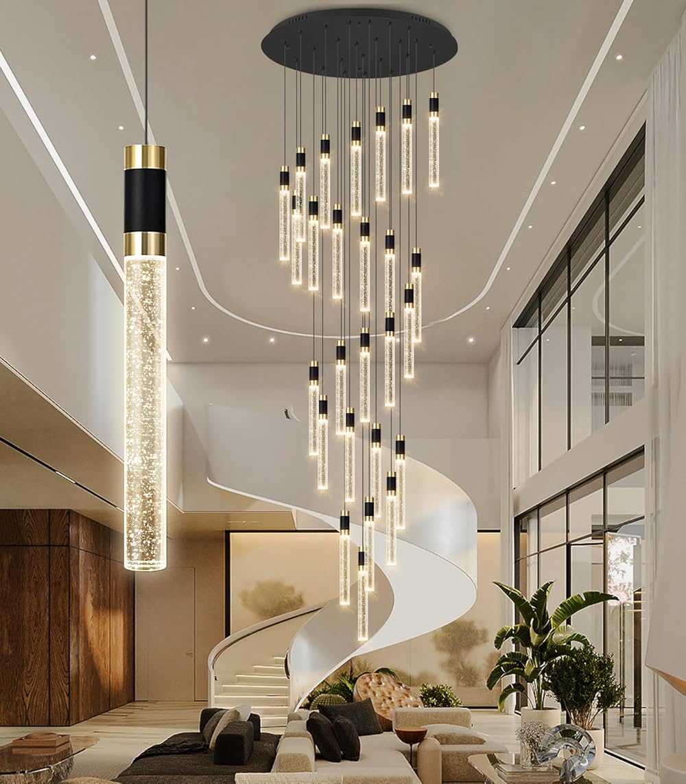 14.5 Foot Modern Chandeliers for Living Room Entryway High Ceiling Large Lights LED Lights Pendant Lighting with Dimmable Light Crystal Cylinder Ceiling Lights Dining Room Foyer Front Door Light