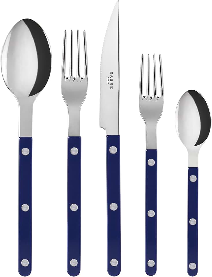 20-Piece Flatware Set for 4 - Bistrot Vintage Collection - Knife, Fork, Soup Spoon, Teaspoon & Dessert Fork - Stainless Steel & Nylon - Dishwasher Safe - Navy Blue - Shiny Finish