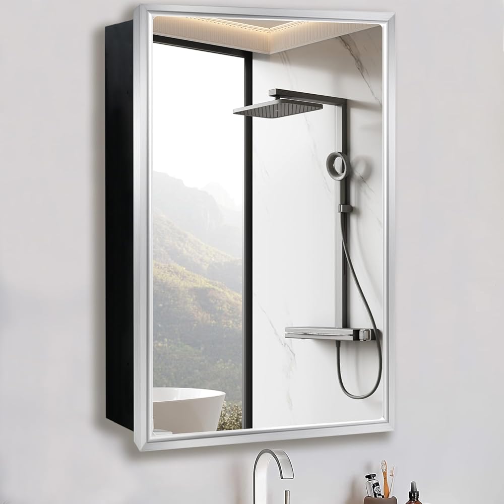 Bathroom Medicine Cabinet with Brush Nickel Aluminum Framed Mirror,16