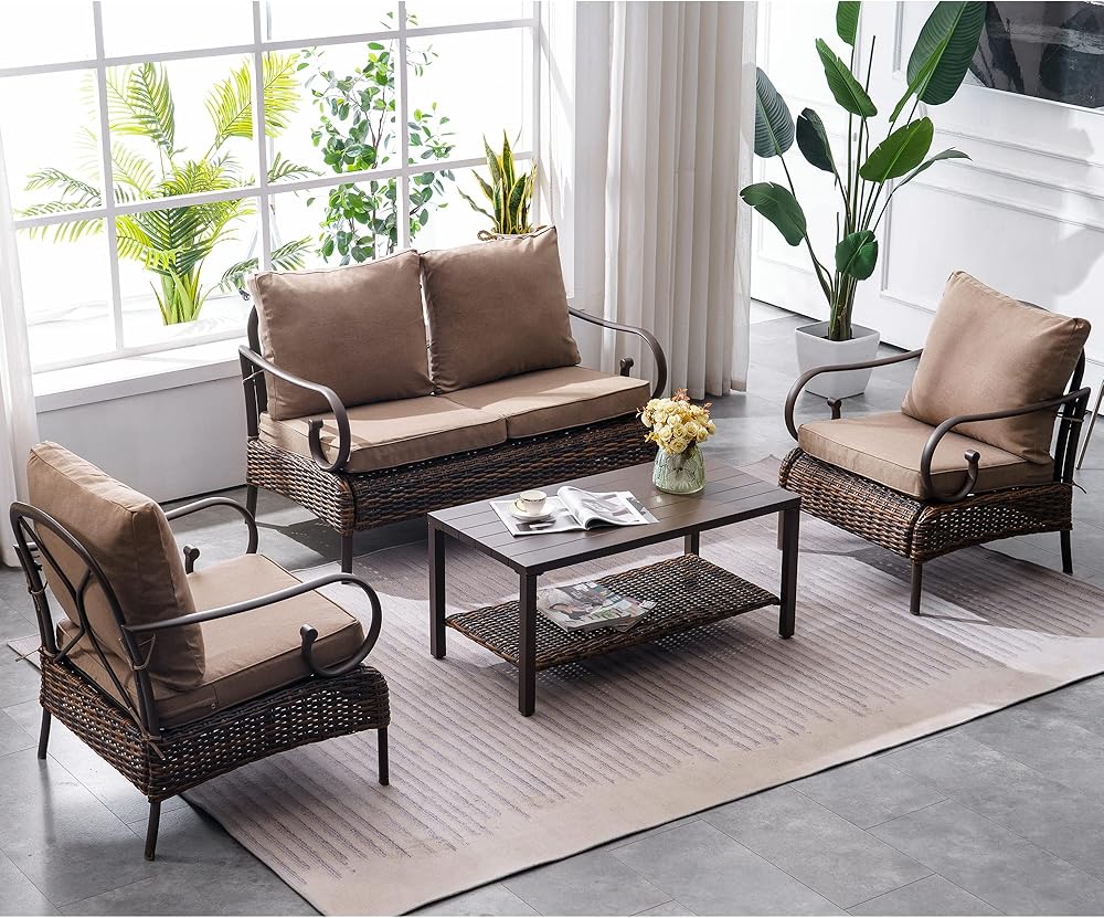 ivinta Outdoor Patio Furniture Set, 4-Piece Wicker Conversation Sets for Garden, Backyard, Porch, Poolside, Balcony, All-Weather Sectional Furniture with Cushions (Khaki)