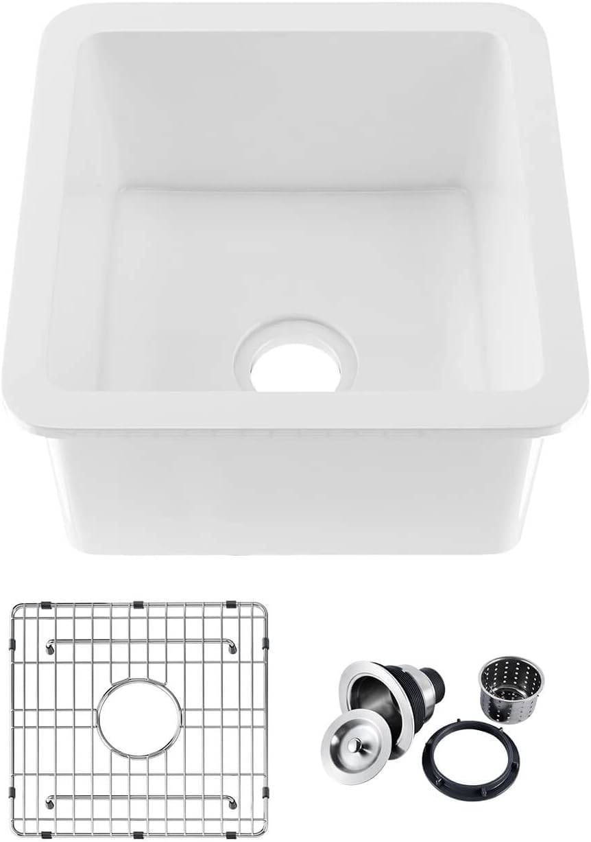 KIBI K2-S18SQ Single Bowl Heat Safe Glazing Fireclay Undermount Kitchen Sink 18 inch with Bottom Grid and Strainer (Cubic series) (White)