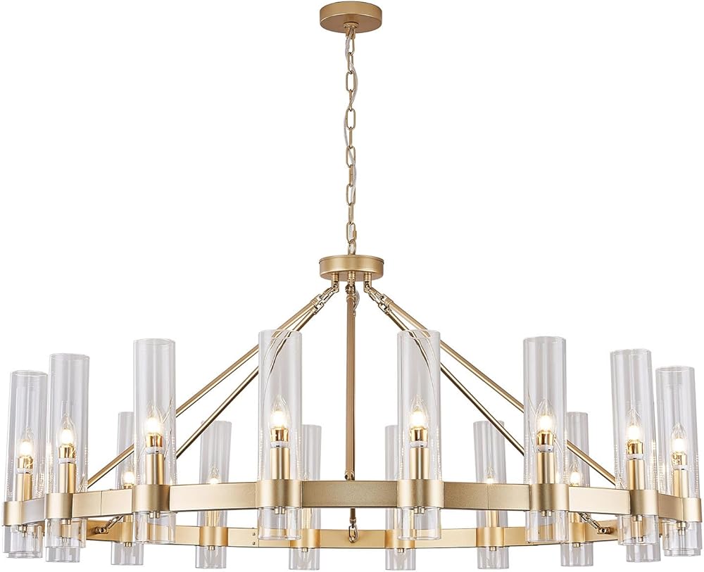 Gold Wagon Wheel Chandelier with Glass Shape D50 Large Round Chandelier Lighting for High Ceiling, Hanging Pendant Light Fixtures for Living Room, Dining Room (Gold + Glass Shape)