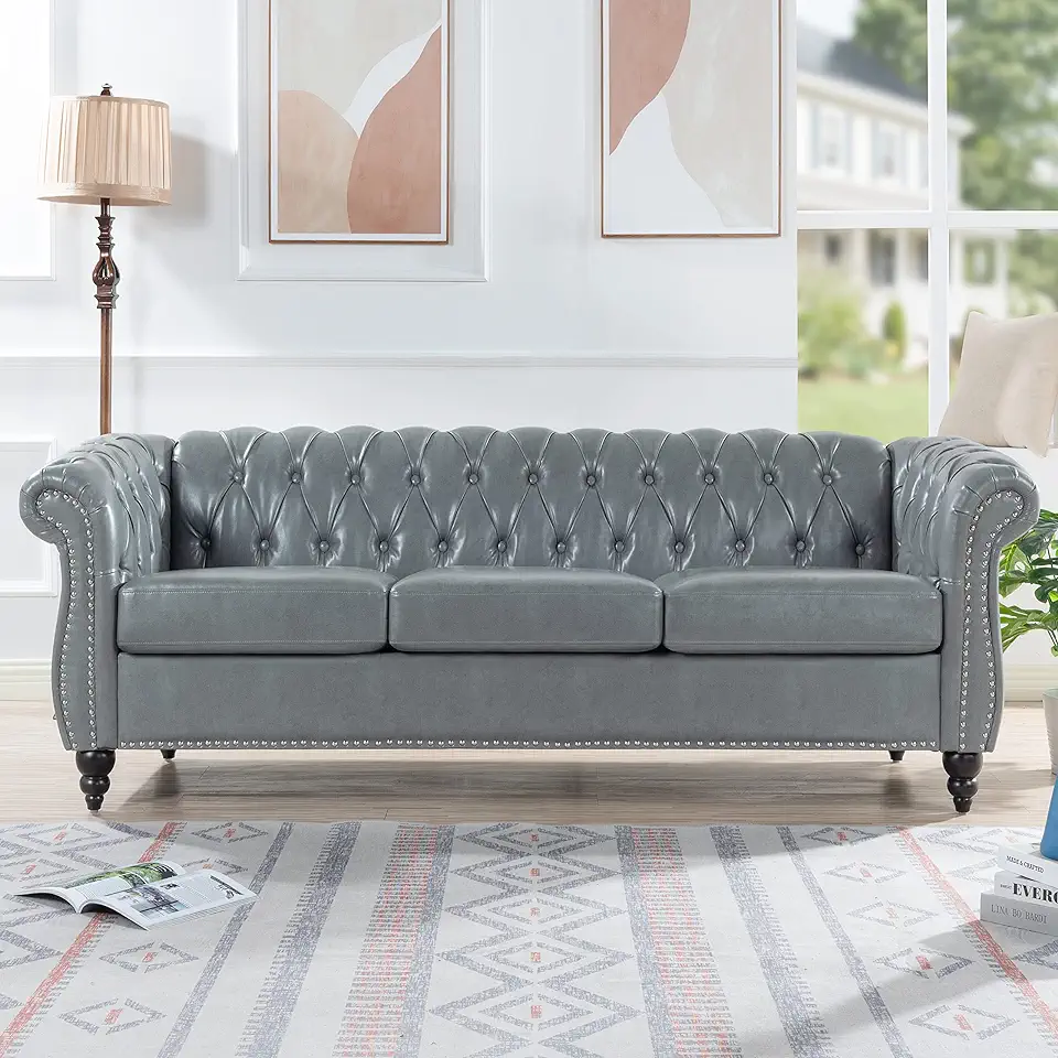 Modern 3 Seater Couch, Large Furniture, Roll Arm Classic Chesterfield Settee Leather Sofa with Channel Tufted Seat Back for Living Room, Grey PU