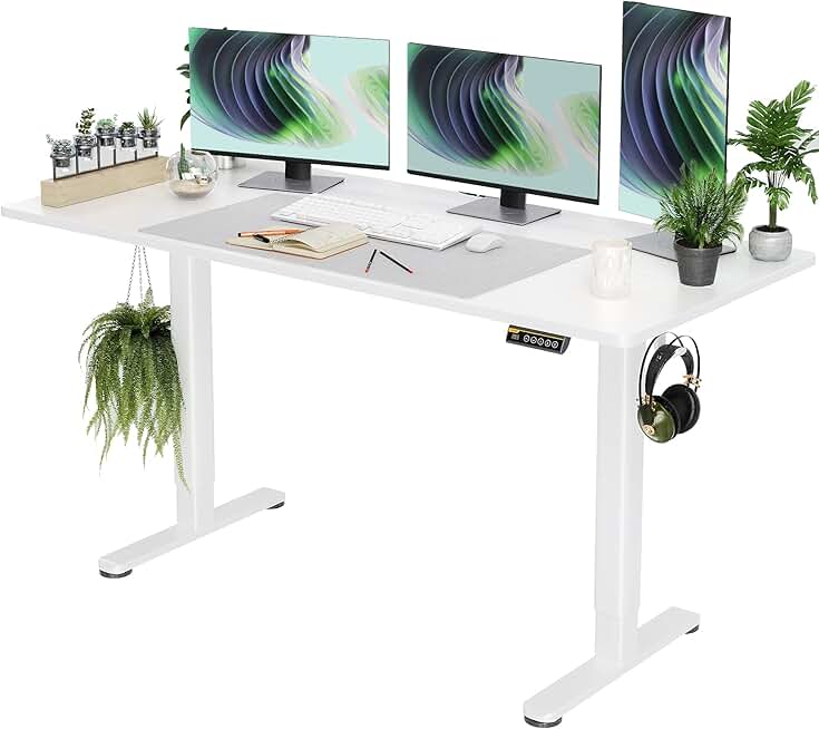 Electric Standing Desk, Adjustable Height Stand up Desk, 63x24 Inches Sit Stand Home Office Desk with Splice Board, White Frame/White Top